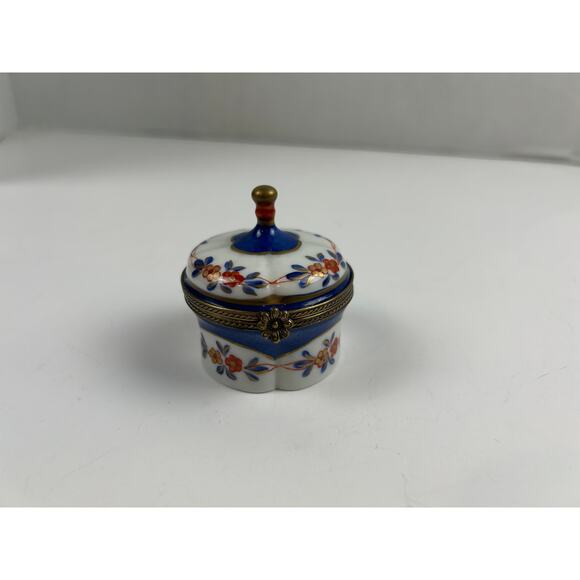 Charmat Limoges France Hand Painted Porcelain Trinket Box Floral Blue Gold - Picture 1 of 10